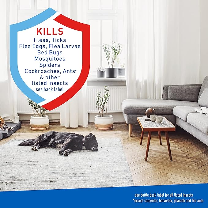 Adams Flea & Tick Home Spray with Precor, Kills Fleas, Flea Eggs, Flea Larvae, Bed Bugs, Ticks, Ants, Cockroaches, Spiders, Mosquitoes And Many Other Listed Nuisance Pests In The Home, 24 Fl Oz-Mewly Pet