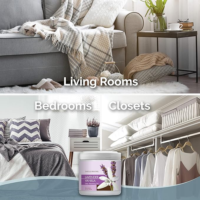 SMELLS BEGONE Air Freshener Odor Absorber Gel - 15 oz, Pack of 2 - Absorbs and Eliminates Odor in Pet Areas, Bathrooms, Cars, & Boats - Made with Essential Oils - Lavender Vanilla Scent-Mewly Pet