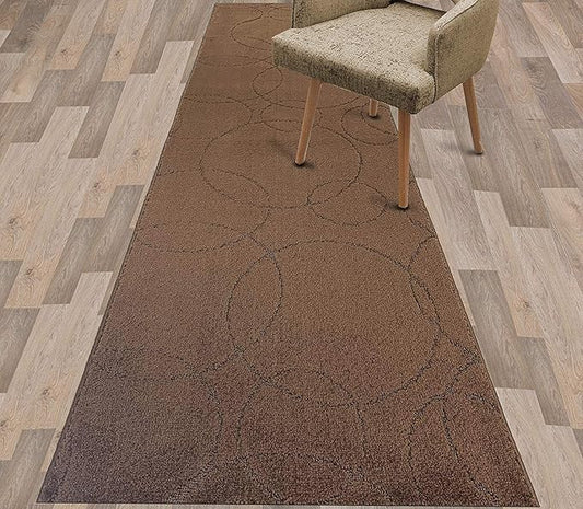Custom Size Modern Geometric Pattern Carpet Runner Rug for Hallways, Slip Resistant Latex Rubber Backed, 31 inch Wide X Customized Length, Circles Brown, 31 inch X 18 feet