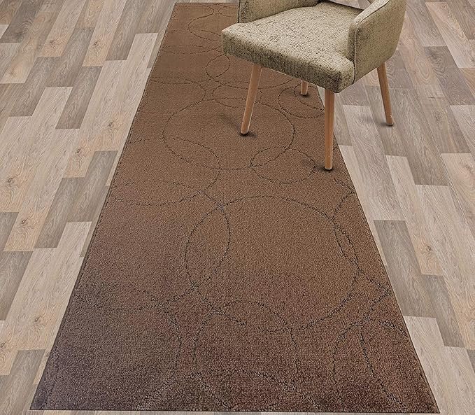 Custom Size Modern Geometric Pattern Carpet Runner Rug for Hallways, Slip Resistant Latex Rubber Backed, 31 inch Wide X Customized Length, Circles Brown, 31 inch X 19 feet