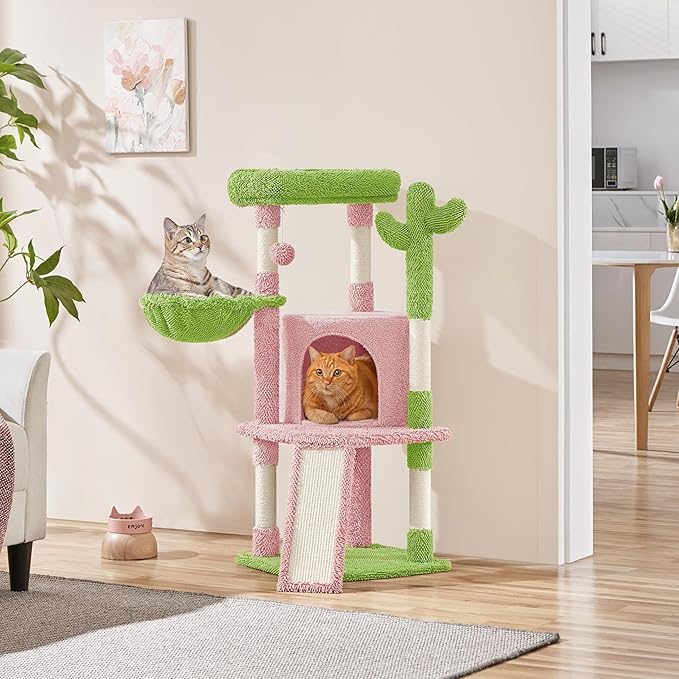 Yaheetech Cactus Cat Tree, 42in Cat Tower for Indoor Cats, Multi Level Kitten Condo Scratching Post, Pet Activity Center Furniture w/Ball, Plush Perch, Platform, Basket, Pink/Green-Mewly Pet