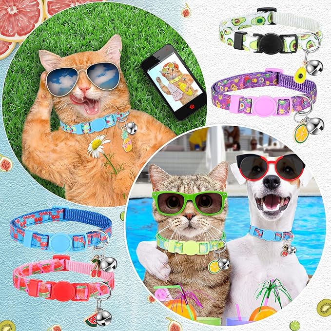 Frienda 12 Pcs Spring Summer Breakaway Cats Collars Girl Cat Safety Adjustable Collars with Bell and Summer Fruit Patterns Pendants Set for Pets Decoration(Medium)-Mewly Pet