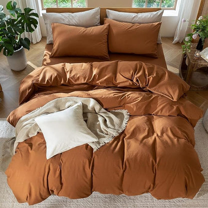 MooMee Bedding Duvet Cover Set 100% Washed Cotton Linen Like Textured Breathable Durable Soft Comfy (Solid Dark Orange, Twin 68"x90")