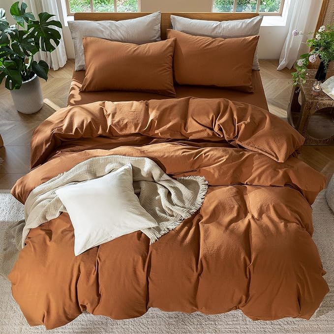 MooMee Bedding Duvet Cover Set 100% Washed Cotton Linen Like Textured Breathable Durable Soft Comfy (Solid Dark Orange, Oversized Queen 98"x98")
