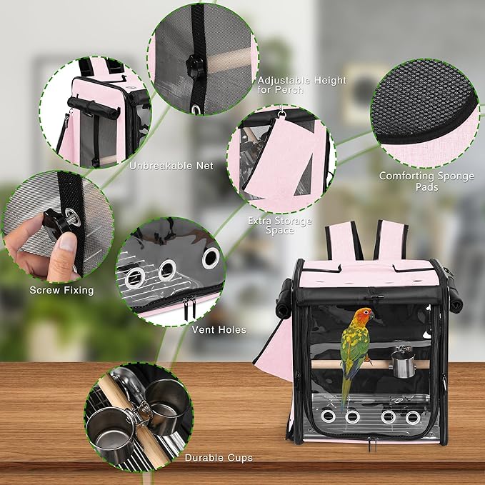 Suertree Bird Carrier with Seat Belt for Car Travel, Bird Backpack Carrier with Indestructible Stainless Steel Mesh, Large Bird Carrier Travel Cage, Pink-Mewly Pet