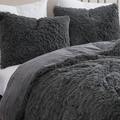 Full Size Luxury Faux Fur Comforter Set - Soft & Breathable 7-Piece Bedding Collection - 1 Comforter, 1 Fitted Sheet, 1 Flat, 2 Pillowcases, 2 Pillow Shams - Deep Pocket - Premium Quality, Dark Gray