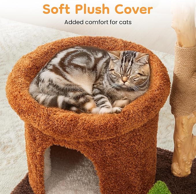 32-Inch Multi-Level Cat Tree Tower, Natural Wooden Cat Furniture with Sisal Scratching Posts, Beds & Condo, Cute Cat Tree for Indoor Cats, Multi-Cat Householdsolds-Mewly Pet