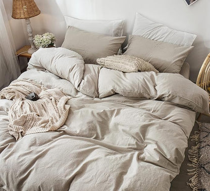 MooMee Bedding Duvet Cover Set 100% Washed Cotton Linen Like Textured Breathable Durable Soft Comfy (Heathered Tannish Linen Grey, Full 80"x90")