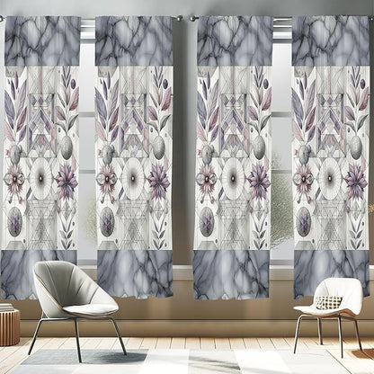 Ambesonne Geometric Floral Window Curtains Pack of 2, Classic Marble Print Ornate Leafy Flowers and Futurist Stripes, Lightweight Set with Rod Pocket, 4 Panels of - 28" x 95", Ceil Blue Laurel Green