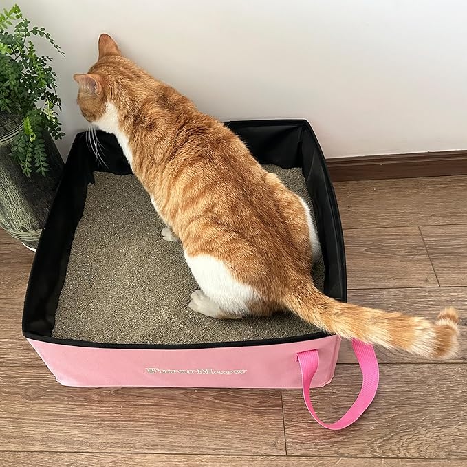 Pink Portable Cat Litter Box, Firm Waterproof Foldable for Travelling for Cats, Including Crinkle Ball, Poop Bags, Foldable Bowl and Scoop, 15.8x15.8x5.9 inches-Mewly Pet