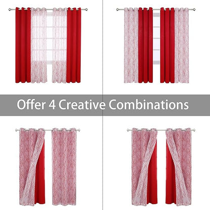 BONZER Mix and Match Curtains - 2 Pieces Branch Print Sheer Curtains and 2 Pieces Blackout Curtains for Bedroom Living Room Grommet Window Drapes, 37x63 Inch/Panel, Red, Set of 4 Panels