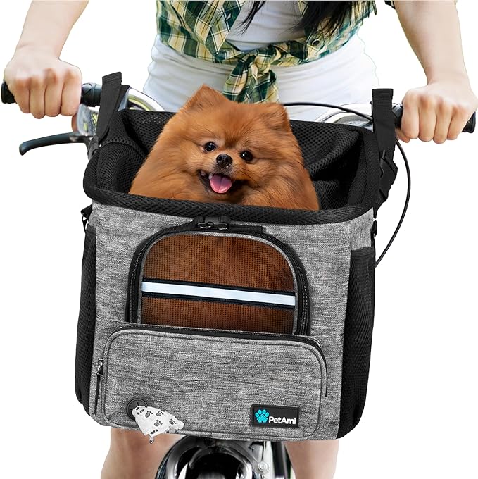 PetAmi Dog Bike Basket, Soft-Sided Ventilated Dog Bike Carrier Backpack, Pet Bicycle Basket for Bike Handlebar, Small Medium Puppy Cat Kitten Car Booster Seat with Safety Strap, Max 18 lbs, Gray-Mewly Pet
