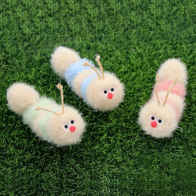 Interactive Natural 3 PK Catnip Toy, with Rattle, Bite Resistant, for All Ages Indoor Cat, Soft Caterpillar Toys, Fluffy Kitten Toy-Mewly Pet