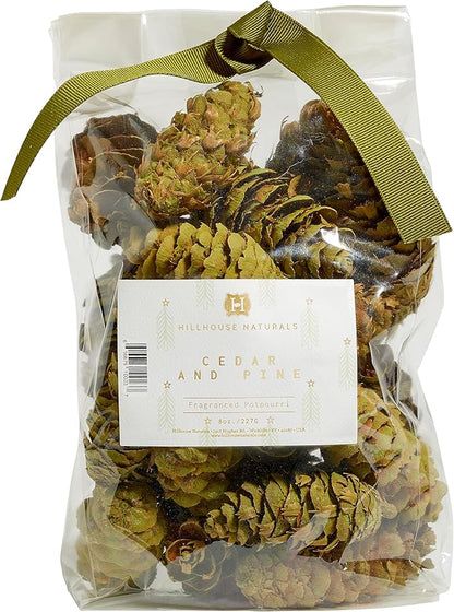 Hillhouse Naturals Cedar & Pine 8oz Potpourri Green Pine Cones. Our Potpourri Combines The Fresh Scent of Pine with a Subtle hint of Cedar and Citrus Peel. Made in The USA.