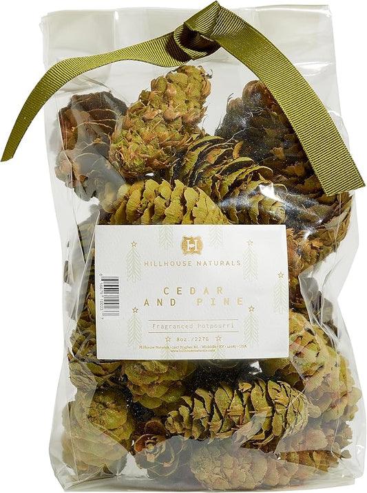 Hillhouse Naturals Cedar & Pine 8oz Potpourri Green Pine Cones. Our Potpourri Combines The Fresh Scent of Pine with a Subtle hint of Cedar and Citrus Peel. Made in The USA.