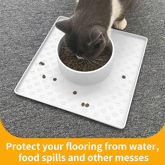 Ptlom Pet Placemat for Dog and Cat, Waterproof Silicone Pet Feeding Bowl Mats for Food and Water, Small Medium Large Dogs Mat Prevent Residues from Spilling to Floor, White, 11.8"x11.8"-Mewly Pet