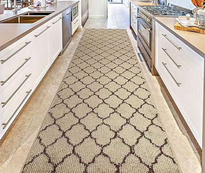 Custom Size Modern Runner Rug Carpet for Hallway Entryway Foyer Kitchen, Slip Resistant Latex Rubber Backed 31 inch Wide X Customized Length, Trellis Beige, 31 inch X 21 feet