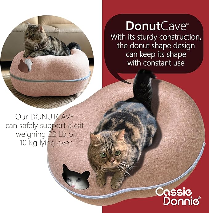 Cat Tunnel Bed for Indoor Cats, Medium Large, Donut Cave House up to 22 Lbs, Spacious for 2 Kittens (Brown)-Mewly Pet