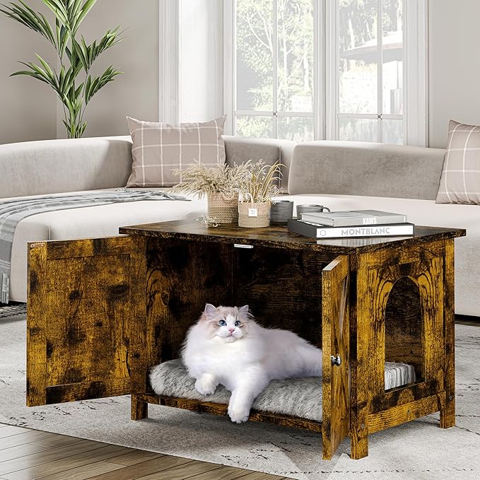 JY QAQA Cat Litter Box Enclosure,Litter Box Furniture Hidden with Barn Door,Wooden Cat Washroom Furniture,Cat House,Fit Most of Litter Box,Brown-Mewly Pet