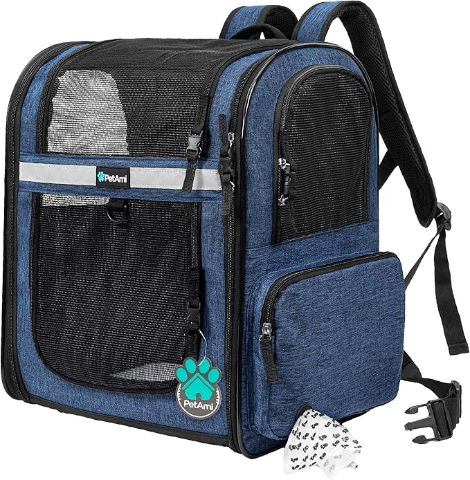 PetAmi Dog Backpack Carrier for Small Large Cat, Pet, Puppies, Ventilated Pet Hiking Backpack Travel Bag, Airline Approved Cat Backpack Carrier, Safety Back Support, Camping Biking, Max 18 lbs, Navy-Mewly Pet