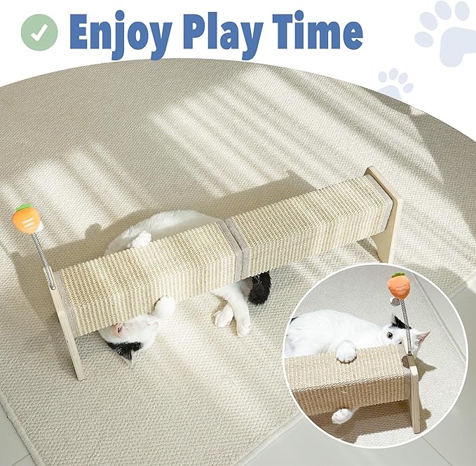 Cat Scratching Post, 30" Horizontal Sisal Scratch Post for Indoor Cats, Durable Cat Furniture Protector with Spring Toy-Mewly Pet