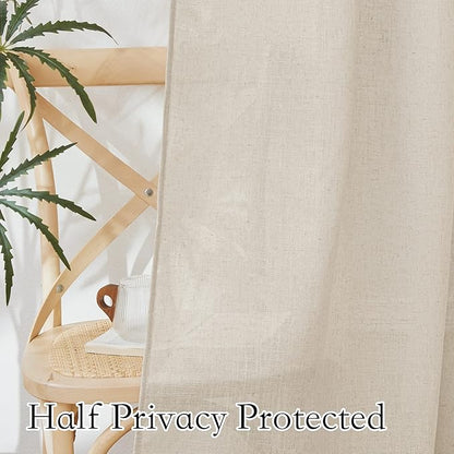 RYB HOME Linen Sheer Curtains - Semi Sheer Light Filtering Privacy Curtains, Country Rustic Window Draperies for Living Room Closet Nursery Doorway, W 52 x L 72, 2 Panels, Beige