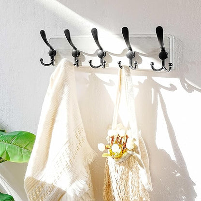 Dseap Coat Rack Wall Mounted - 5 Tri Hooks, Heavy Duty, Wooden Wall Coat Hanger Coat Hook for Clothes Hat Jacket Clothing, White & Black