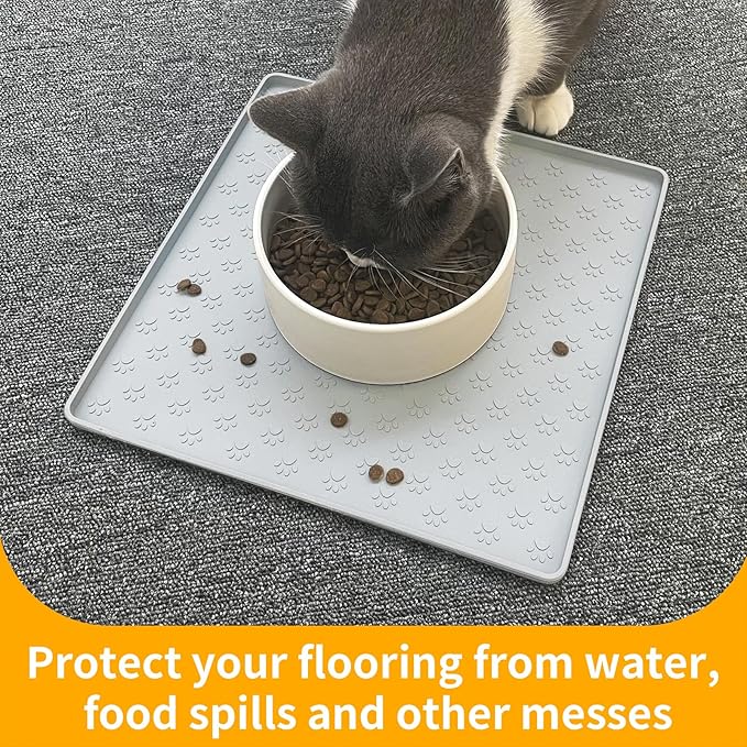 Ptlom Dog Food Mat Anti-Slip Bowl Mats for Food and Water, Waterproof Silicone Pet Placemat with High Raised Edges, Non-Slip Puppy Feeding Tray for Small, Medium Large Cats Dogs, Gray, 11.8"x11.8"-Mewly Pet