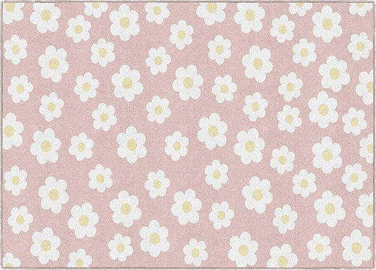 Flagship Carpets Schoolgirl Style Retro Daisies on Pink Educational Area Rug for Kids Room Seating Décor, Children's Classroom, Play Carpet for Teaching and Playroom, 5' x 7'6"