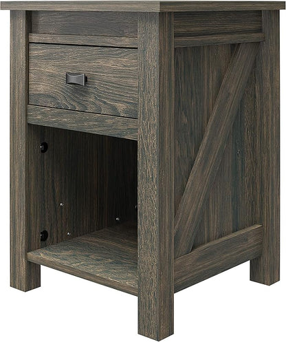 Ameriwood Home Farmington Country Style Nightstand with Barn Door Design, Concealed Drawer and Open Cubby, Weathered Oak