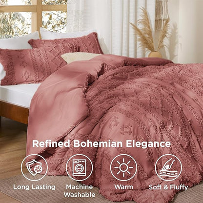 Bedsure Tufted Boho Comforter Set Twin Size - Grayish Pink Boho Bed Set, GentleSoft™ 2 Pieces Farmhouse Shabby Chic Embroidery Bedding, Gifts for Woman, Soft Jacquard Twin Comforter for All Seasons