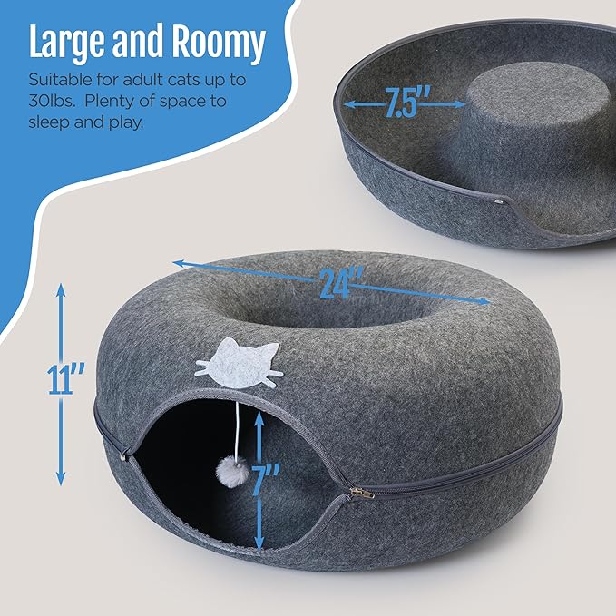 Meow Mansion Large Cat Cave Donut - Cat Tunnel; up to 30lbs - 3 Toy Balls & Hanging Ball Included - Scratch Resistant, Detachable and Cleanable Cat Donut Bed-Mewly Pet