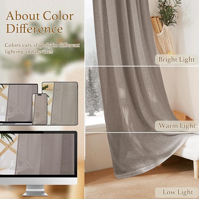 RYB HOME Linen Curtains for Bedroom - Light Airy Semi Sheer Curtains Large Window Decor for Living Room Sun Room Sliding Glass Door, Birch Brown, 52 inch Wide x 102 inch Long, 1 Pair