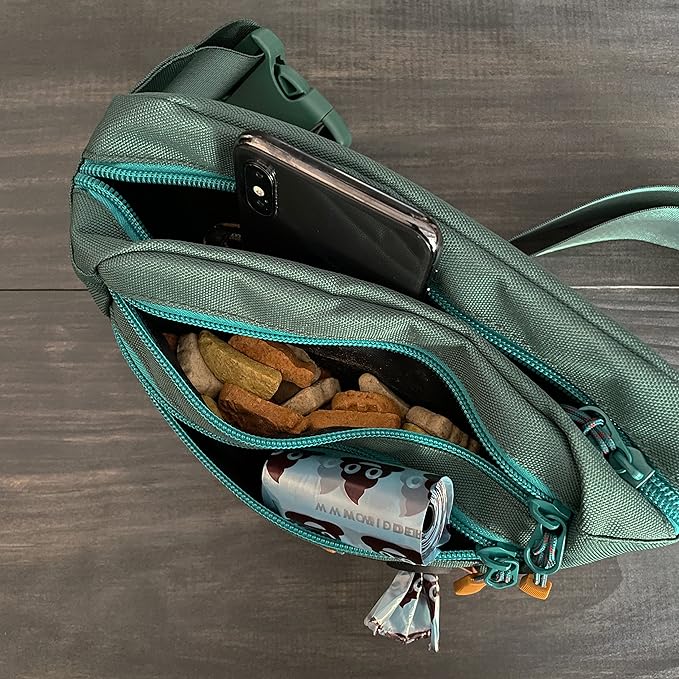 Wilderdog Utility Fanny Pack stores Treats, Balls, Keys in 3 Pockets with adjustable strap and Poop Bag dispenser (Evergreen)-Mewly Pet