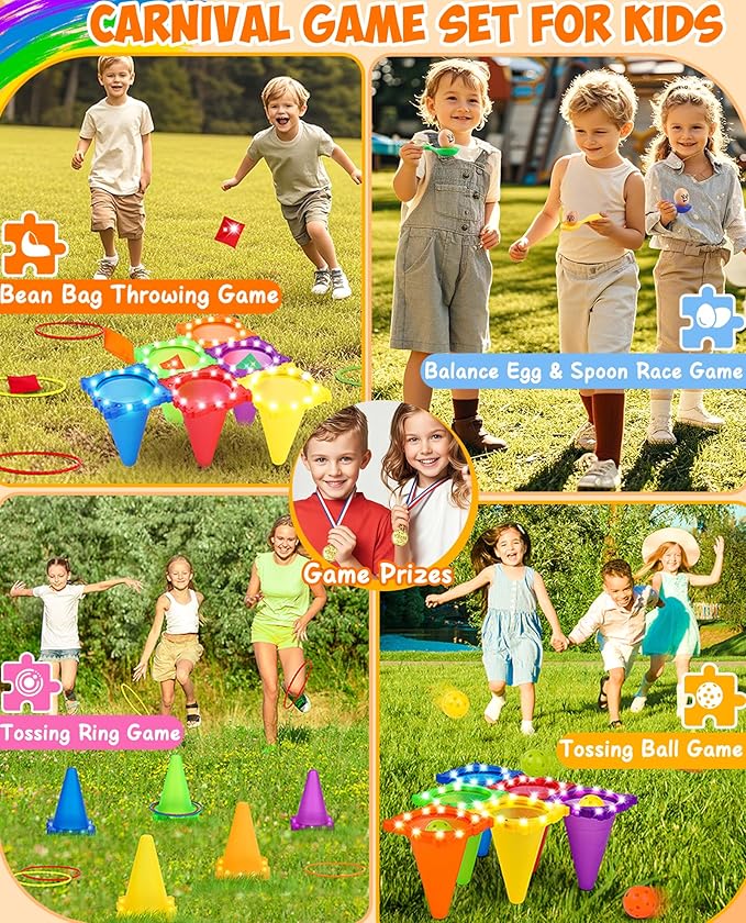 Eocolz 49PCS Carnival Games Outdoor Combo Set for Kids with LED Light, Plastic Cones Obstacle Course Bean Bags Balls Ring Toss Game Egg and Spoon Race Lawn Game, Gift for Birthday Party/Xmas/Easter-Mewly Pet