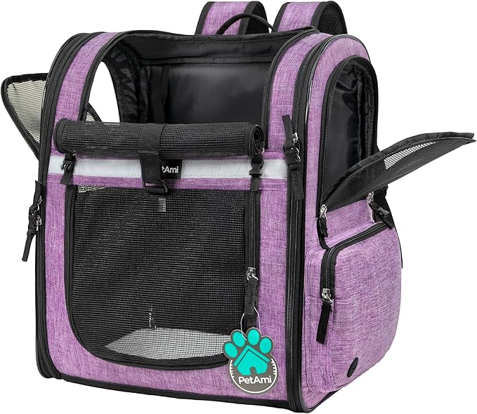 PetAmi Dog Backpack Carrier For Small Large Cat, Pet, Puppies, Ventilated Pet Hiking Backpack Travel Bag, Airline Approved Cat Backpack Carrier, Safety Back Support, Camping Biking, Max 18 lbs, Purple-Mewly Pet