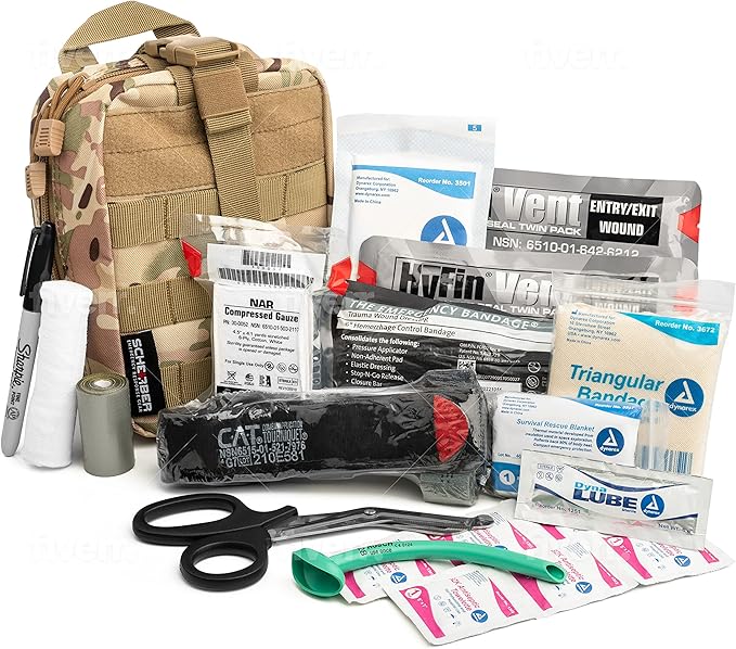 Scherber Premium IFAK Kit Trauma Pack Fully Stocked MOLLE Pouch w/CAT Tourniquet, HyFin Vent Chest Seal, & Israeli Bandage Trauma Kit for Emergency, Gunshot, Bleeding, & Major Wound Care (Camouflage)-Mewly Pet