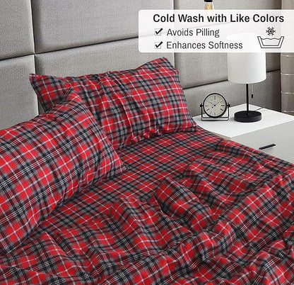 RUVANTI Flannel Sheets King Size - 100% Cotton Brushed King Size Sheets Set - Deep Pockets 16 Inches Bed Sheets - All Seasons Breathable & Extra Soft - Warm & Cozy, 4 Piece, Red Plaid