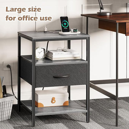 SUPERJARE Night Stand with Charger Station, 27.7 Inch Tall Nightstand with Adjustable Fabric Drawer, Bed Side Table, Fabric Drawer Dresser for Bedroom, Living Room, Charcoal Gray and Black