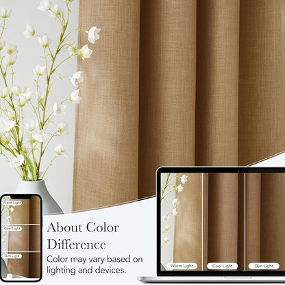 NICETOWN Short Faux Linen Caramel Blackout Curtains 63 inches Long for Kitchen - Privacy Panels for Living Room Bedroom, Modern Farmhouse Style Easy Care Grommet Top, 2 Panels, W42 by L63