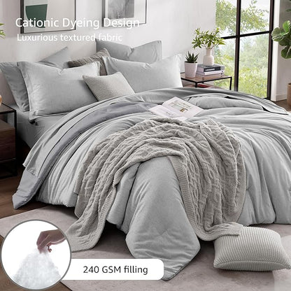Monbix Full Size Comforter Set, Grey Bedding Comforter for Full Size Bed Set Reversible, Bedding Sets Full 7 Pieces, Cationic Dyeing Bed in a Bag with Comforter, Sheets, Pillowcases & Shams