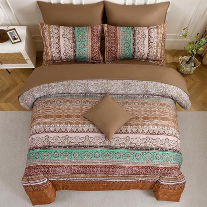 Boho King Size Comforter Set 8 Pieces, Brown Bohemian Striped Bed in a Bag, Paisley Soft Microfiber Bedding Comforter Set