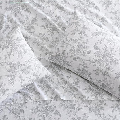 Laura Ashley - Flannel Sheets Queen Size, Anti-Pilling & Wrinkle Resistant Cotton, Touchably Soft for All-Season Comfort - Bed Sheets with Matching Pillowcases & Fitted Sheet (Vanessa Grey)