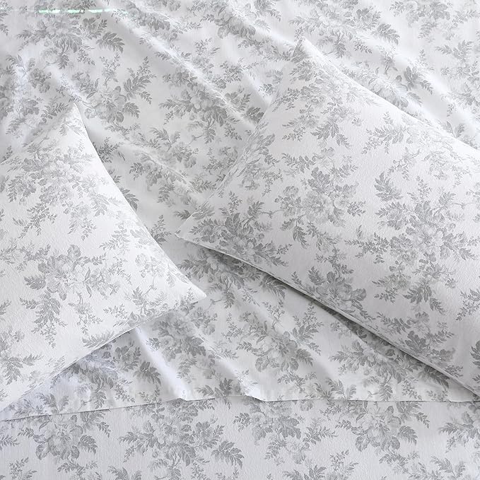 Laura Ashley - Flannel Sheets Full Size, Anti-Pilling & Wrinkle Resistant Cotton, Touchably Soft for All-Season Comfort - Bed Sheets with Matching Pillowcases & Fitted Sheet (Vanessa Grey)