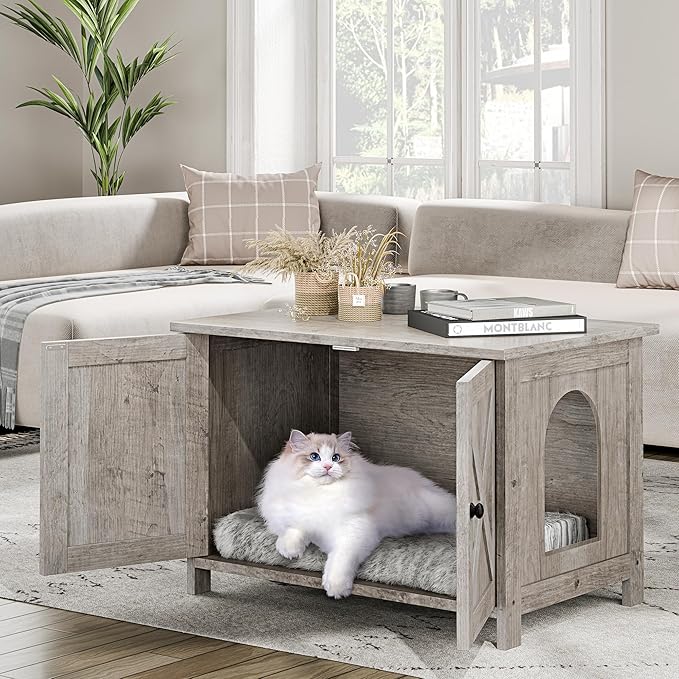 Vongrasig Cat Litter Box Enclosure,Litter Box Furniture Hidden with Barn Door,Wooden Cat Washroom Furniture,Cat House,End Table, Fit Most of Litter Box, Grey-Mewly Pet