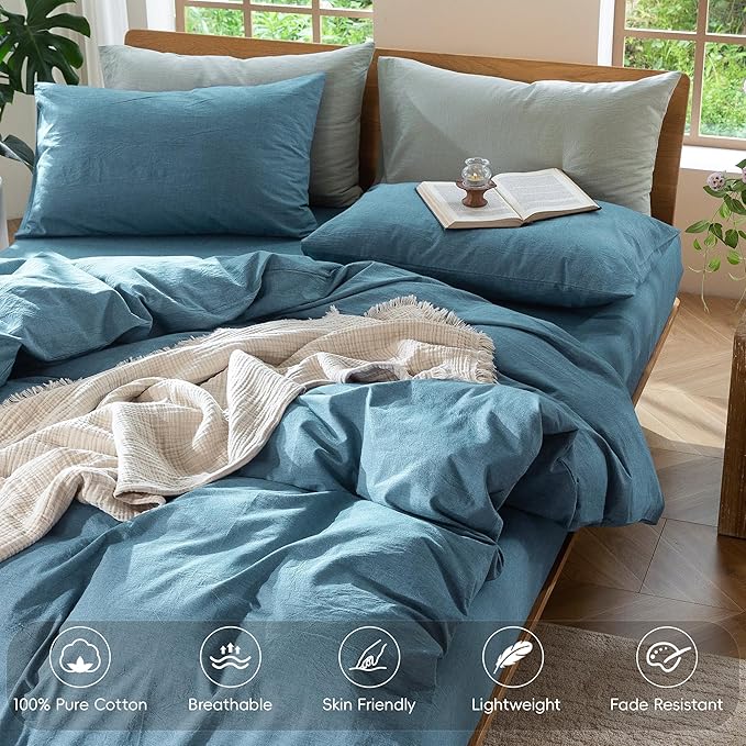 MooMee Bedding Duvet Cover Set 100% Washed Cotton Linen Like Textured Breathable Durable Soft Comfy (Heathered Peacock Blue, Queen 90"x90")