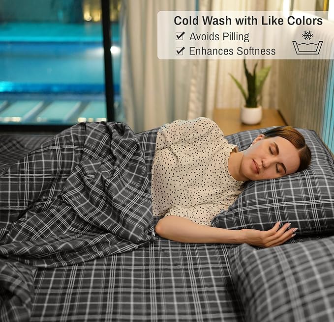 RUVANTI Flannel Sheets Full Size - 100% Cotton Double Brushed Bed Sheets Set, Deep Pockets 16 Inches, All Seasons Breathable & Extra Soft Full Sheets, Warm & Cozy, 4 Piece, Grey Plaid