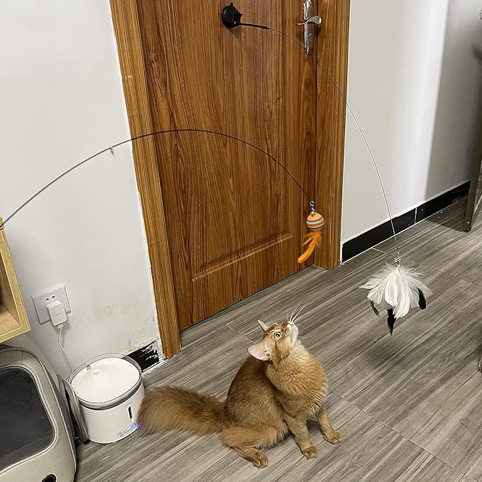 Interactive Cat Feather Toy with Super Suction Cup & Bonus Double-Sided Nano Adhesive – 3 Replaceable Feathers, Bell & Spring Wand – Fun Exercise for Indoor Cats & Kittens (Fly Bird Blue)-Mewly Pet