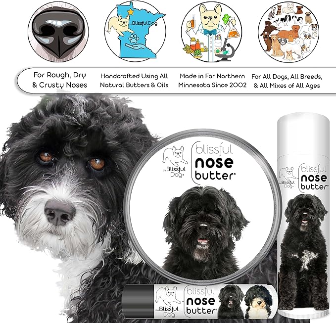 The Blissful Dog Portuguese Water Dog Nose Butter for Dry, Cracked Skin, Lick-Safe Dog Nose Balm with Moisturizing Shea Butter, Almond, Olive, and Essential Oils, Pet Supplies, Uncented, 0.15 oz.-Mewly Pet