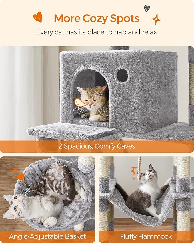 Feandrea Cat Tree, 81.1-Inch Large Cat Tower with 13 Scratching Posts, 2 Perches, 2 Caves, Basket, Hammock, Pompoms, Multi-Level Plush Cat Condo for Indoor Cats, Light Gray UPCT190W01-Mewly Pet